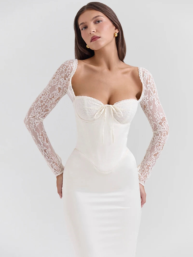 White Backless Lace Maxi Dress with Square Collar - Image 18