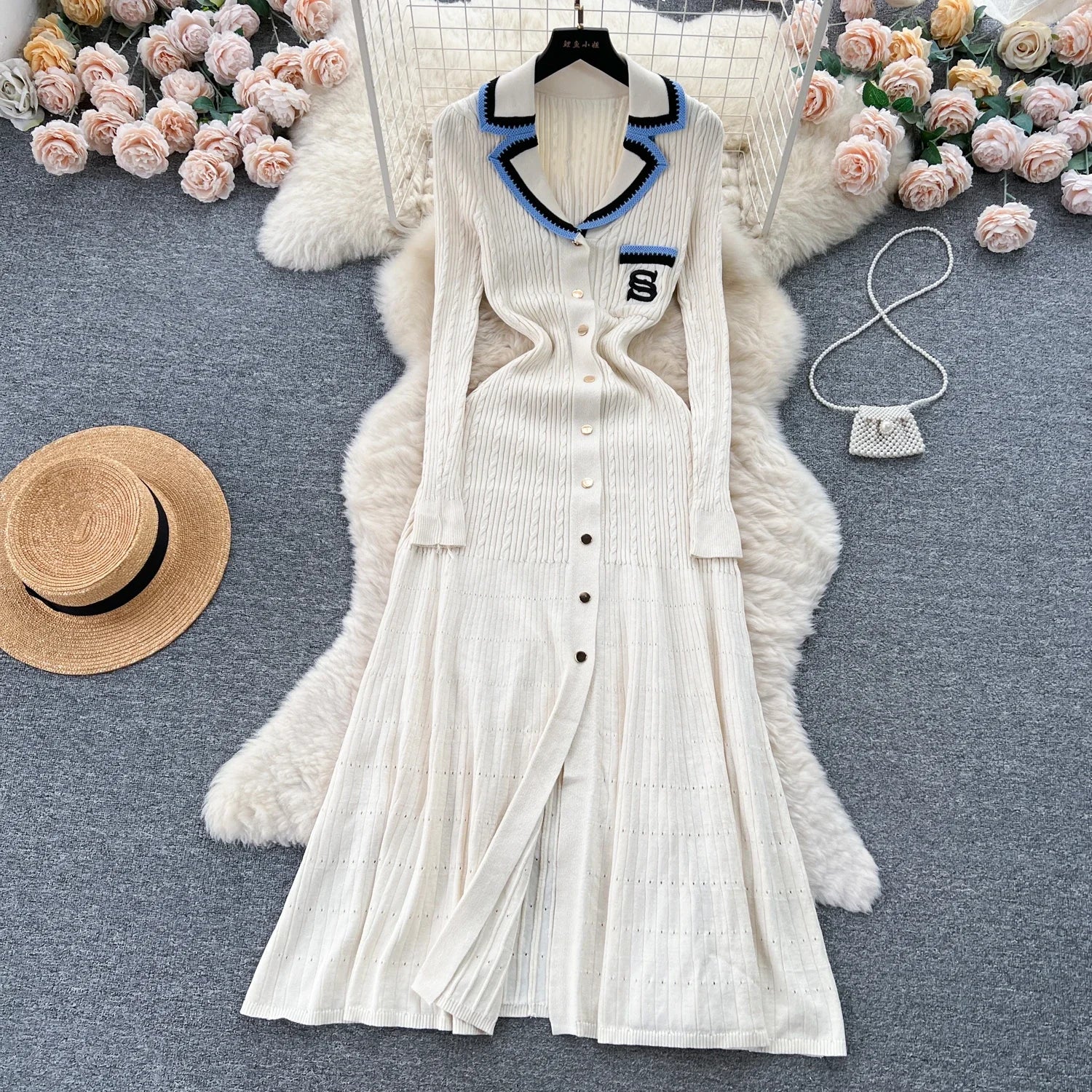 Elegant V-Neck Knitted Dress for Women - Long Sleeve A-Line - Image 15