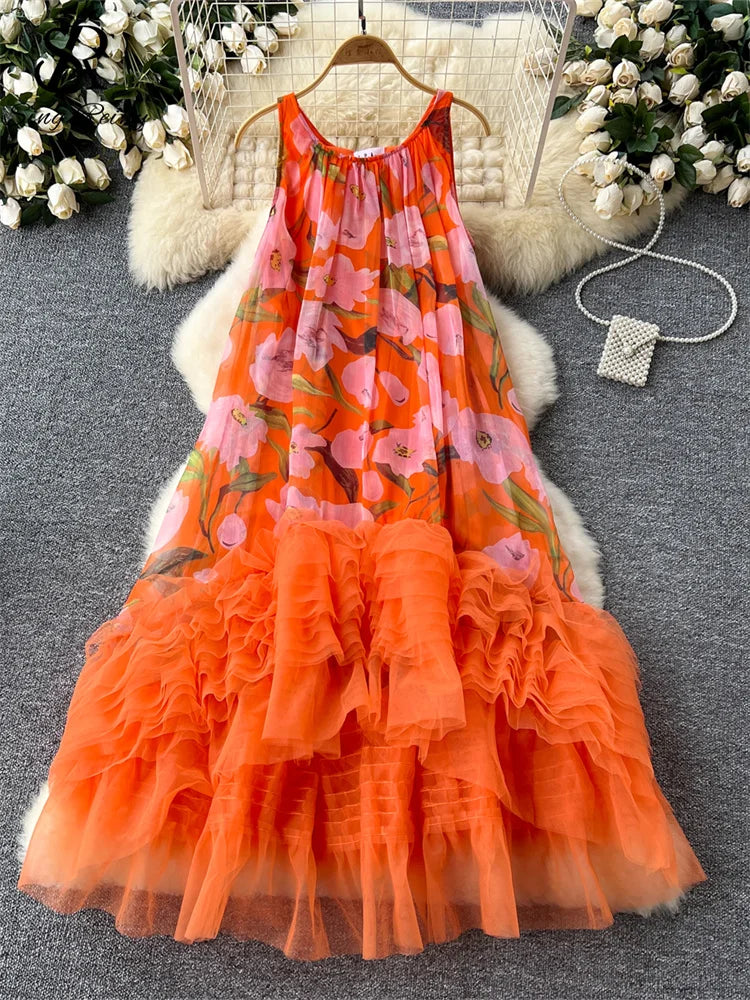French Vintage Mesh Splice Beach Ball Gown Dress