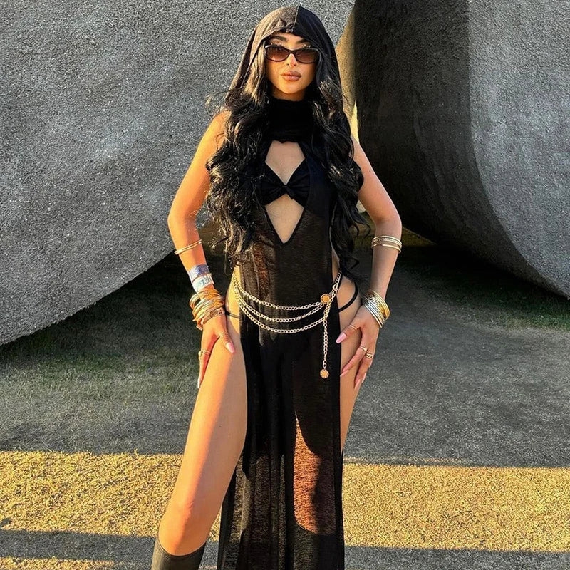 Women’s Gothic Black Hooded High Split Long Dress - Image 13