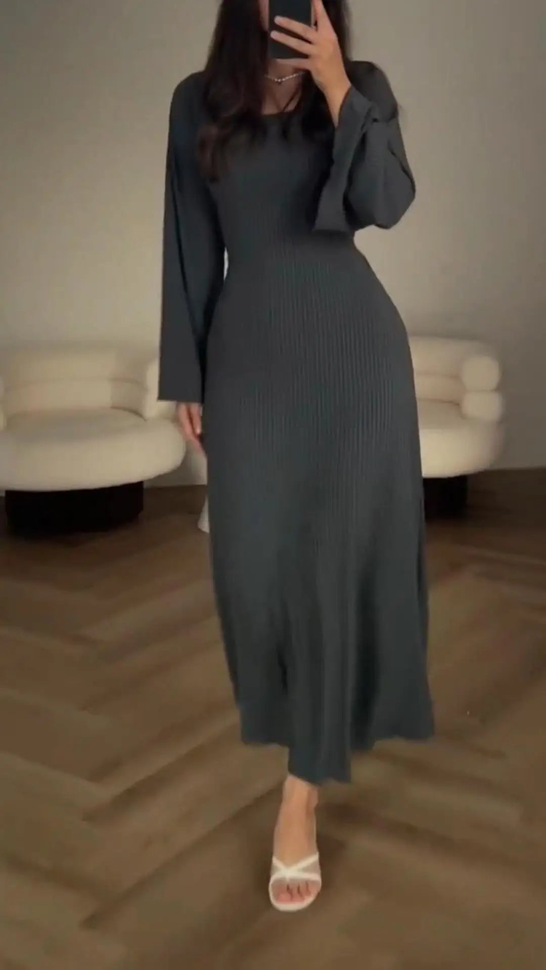 Elegant Vintage U Neck Long Sleeve Maxi Dress for Women - Image 8