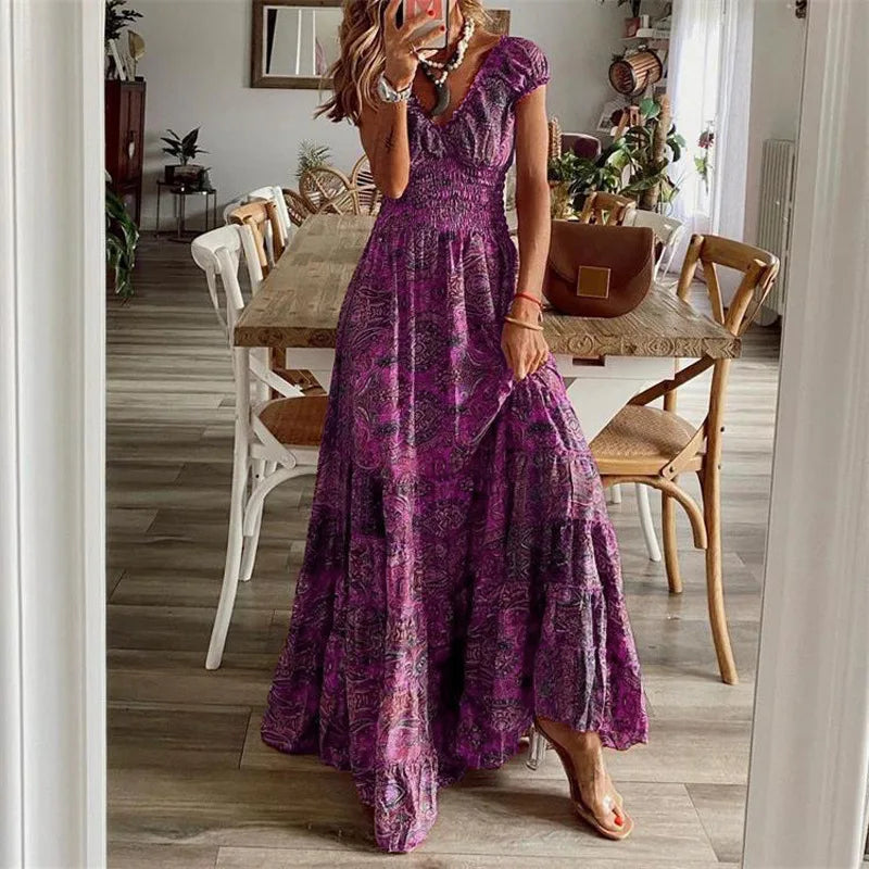 Floral Print A-line Bohemian Dress with Petal Sleeves - Image 21