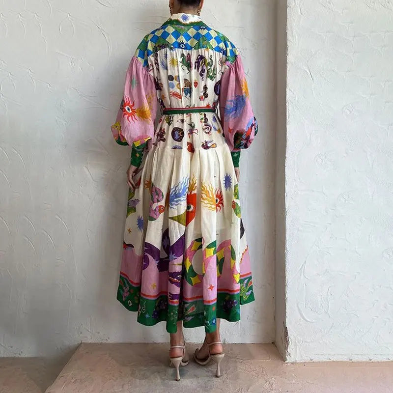 Elegant Women's V-Neck Lantern Sleeve Printed Dress - Image 22