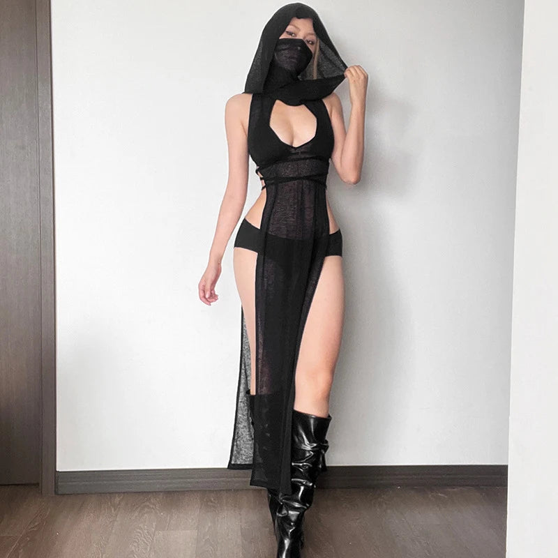 Women’s Gothic Black Hooded High Split Long Dress - Image 6