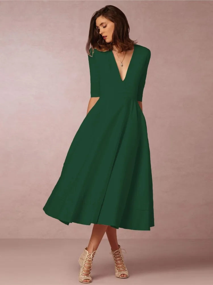 Elegant Solid Color A-line Evening Dress with Deep V-neck - Image 6