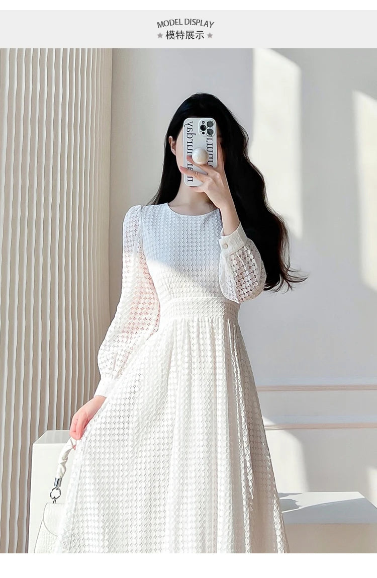 Elegant White Midi Dress with Lace Long Sleeves - Image 11