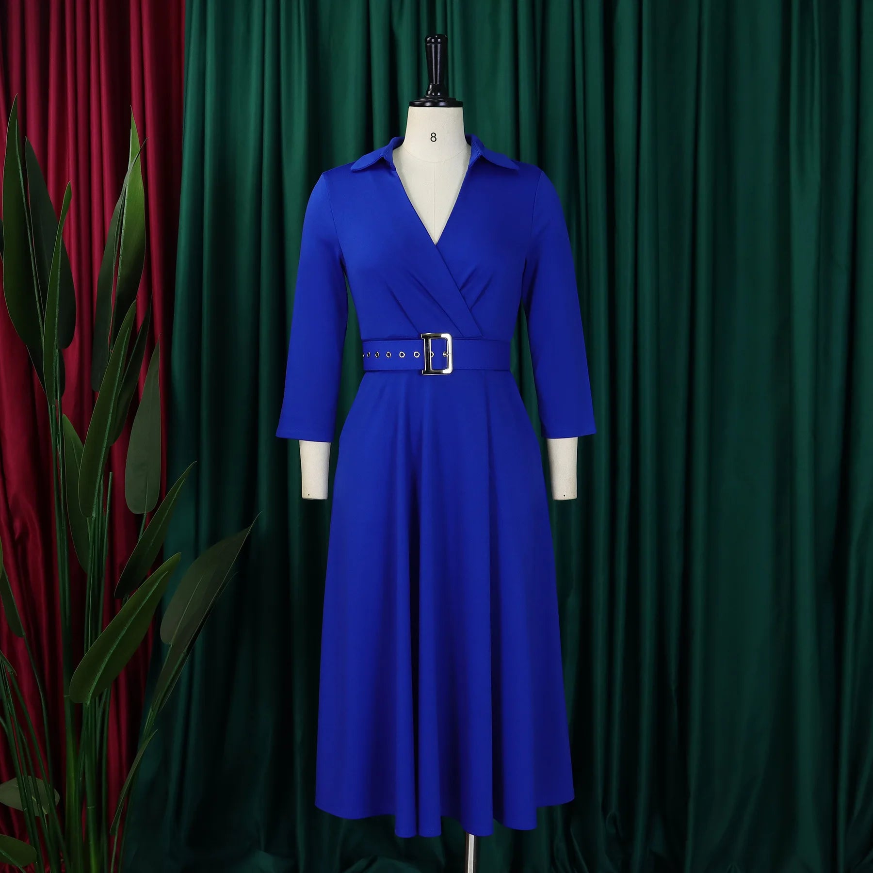 Chic Women's Autumn Lapel Solid Color Swing Dress - Image 46