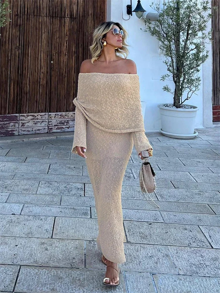 Loose Long Sleeve Off-Shoulder Maxi Dress for Beach Parties - Image 20