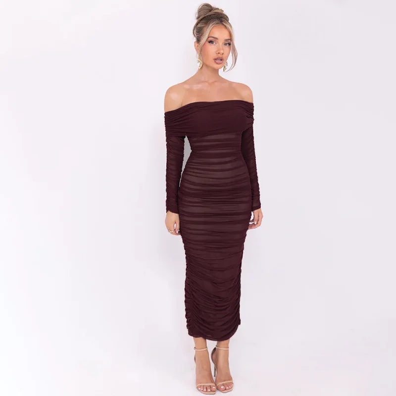 Off-Shoulder Long Sleeve Maxi Dress for Women - Sexy Bodycon - Image 19