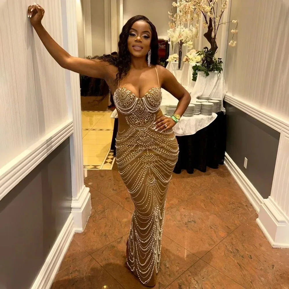 Sexy Strapless Maxi Dress with Rhinestones and Pearls