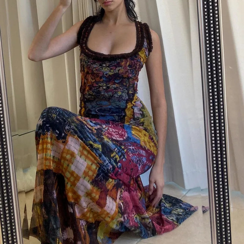 Trendy Tie-Dye U-Neck Backless High Waist Dress - Image 3
