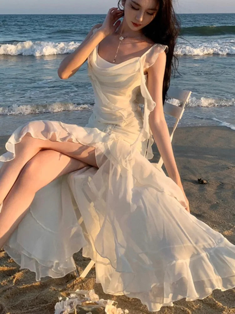 Elegant Backless Asymmetrical Ruffle Slip Dress for Summer Parties