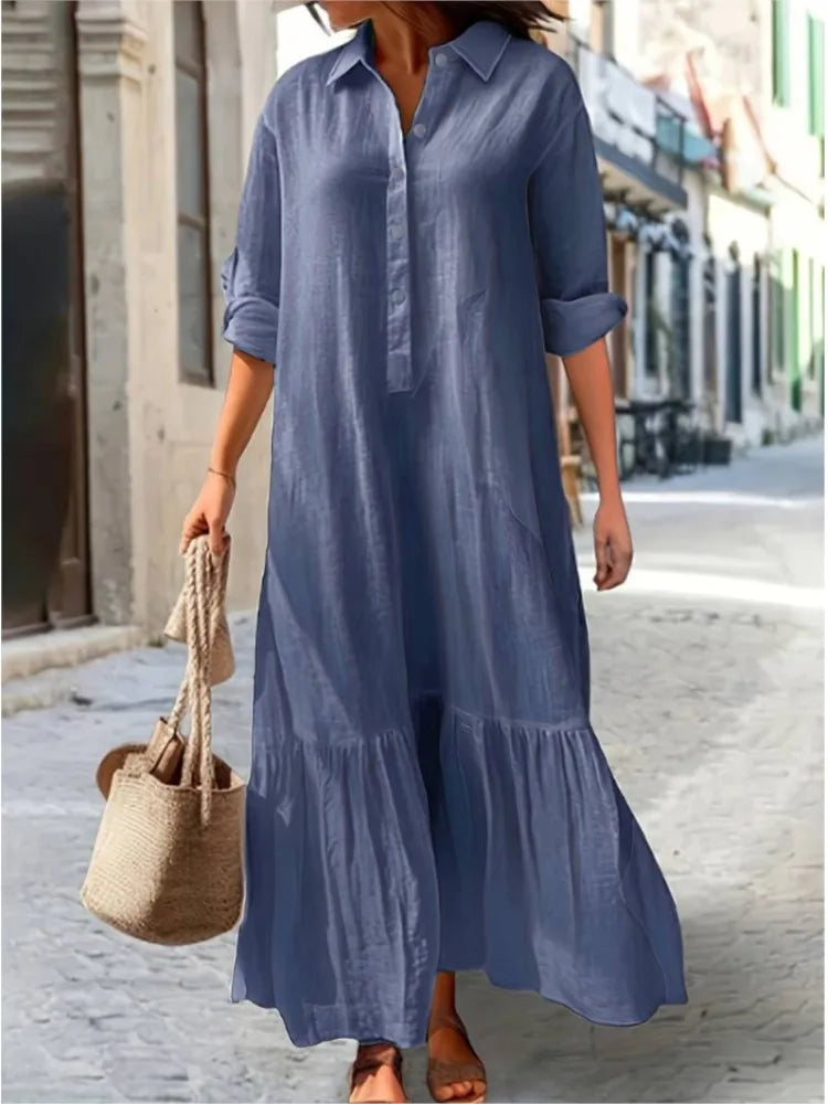 Women's Casual Cotton Linen Long Sleeve Ruffled Dress - Image 3