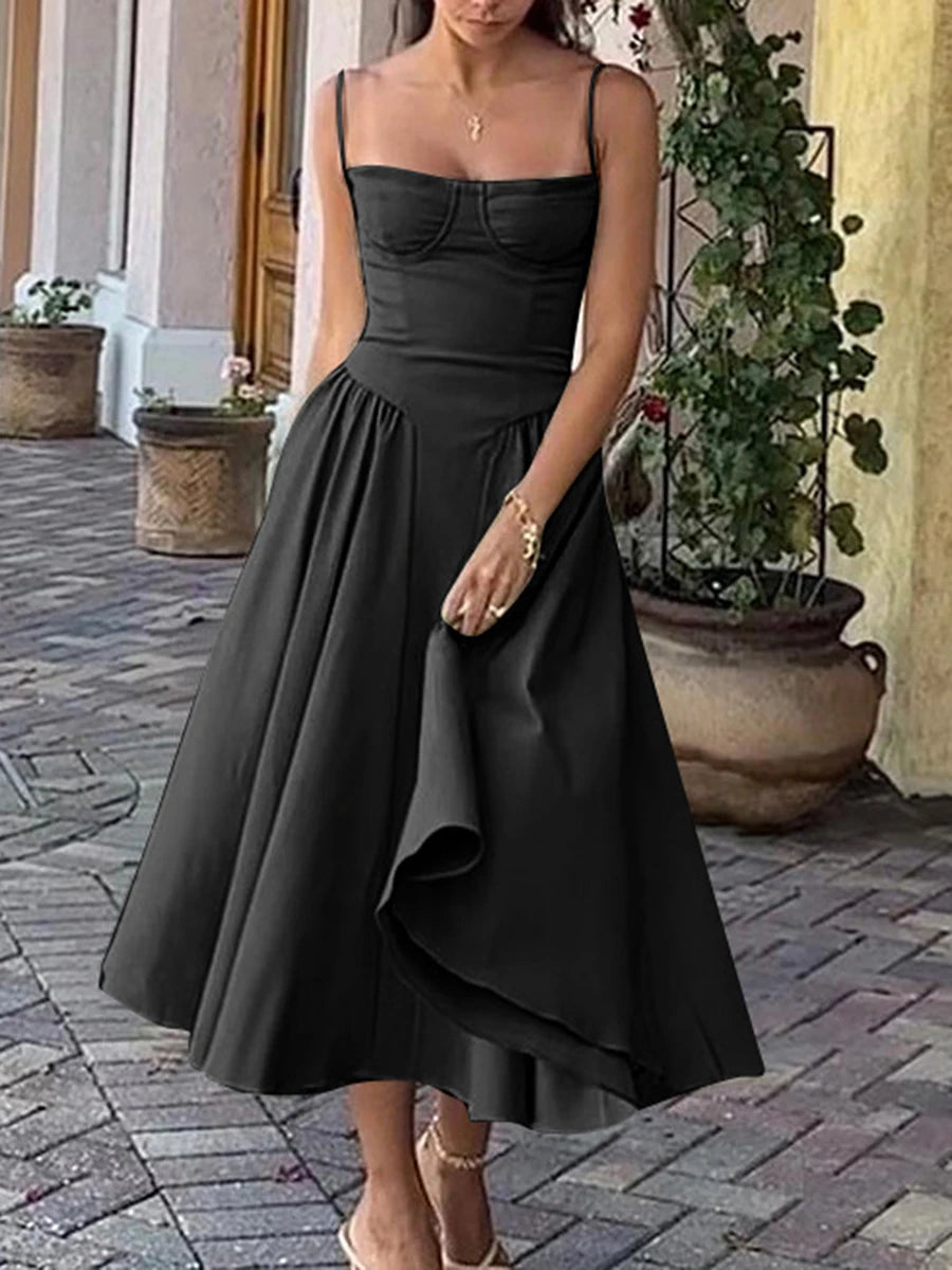 Elegant Backless A-Line Midi Dress with Square Neck