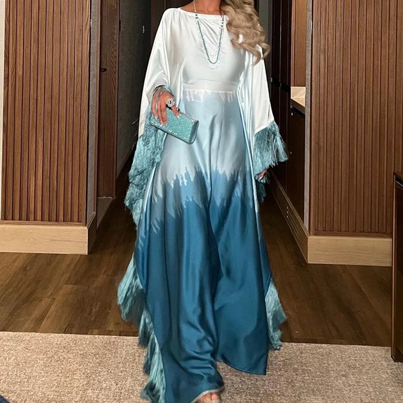 Elegant Gradient Print Tassel Batwing Sleeve Robe Dress - Image 2
