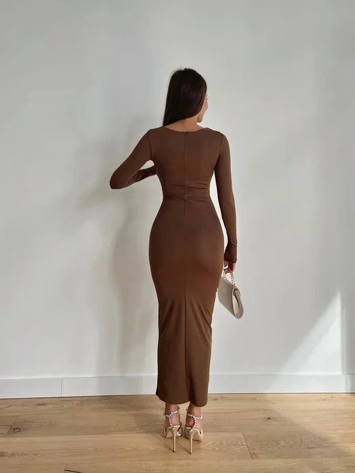 Elegant Slim Fit Slash Neck Long Sleeve Dress - Image 40