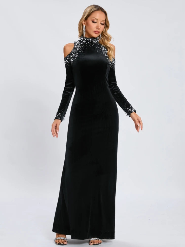 Elegant Off-Shoulder Black Velvet Beaded Evening Dress