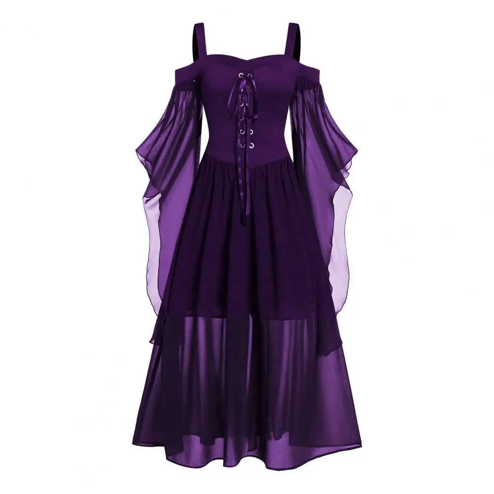 Gothic Medieval Cold Shoulder Lace-Up Cosplay Dress - Image 23