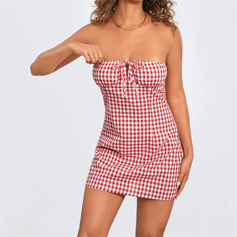 Chic Red Gingham Strapless Mini Dress - Summer Style - Image 15