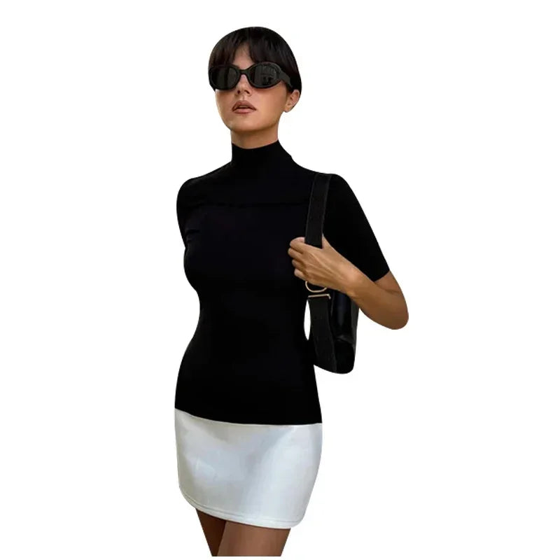 Elegant Contrast Turtleneck Mini Dress for Women - Image 21