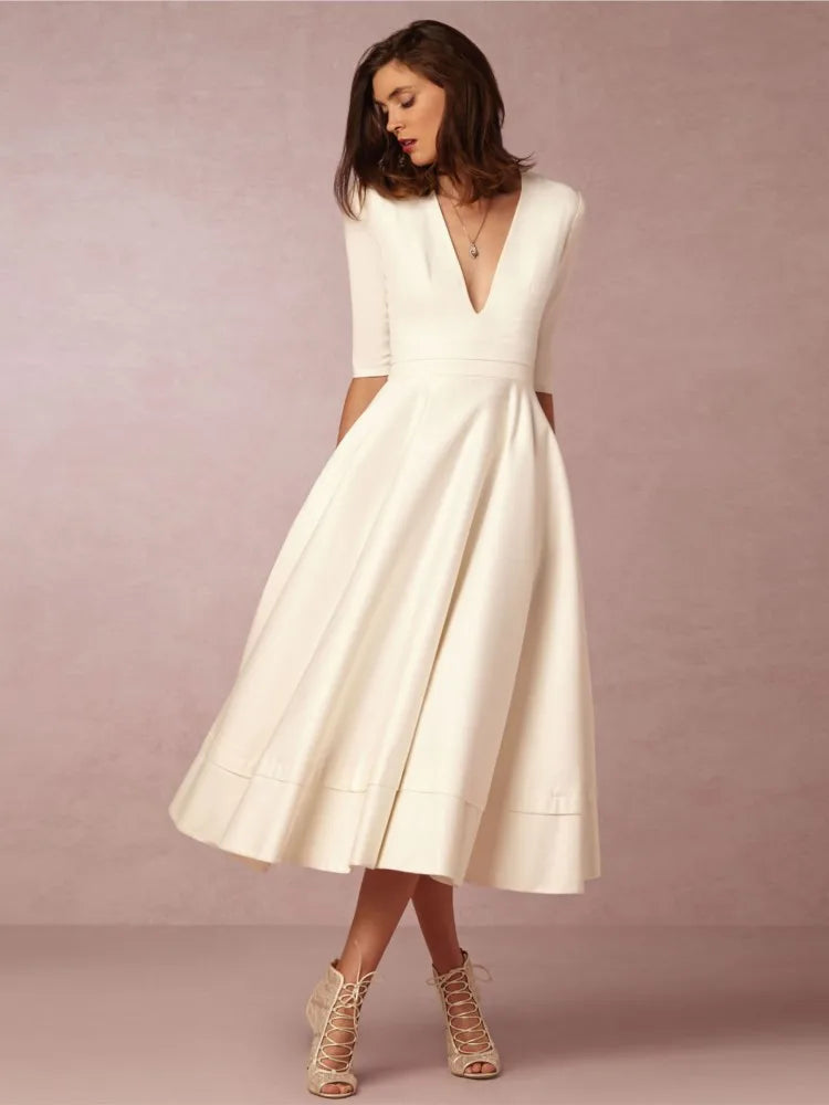 Elegant Solid Color A-line Evening Dress with Deep V-neck