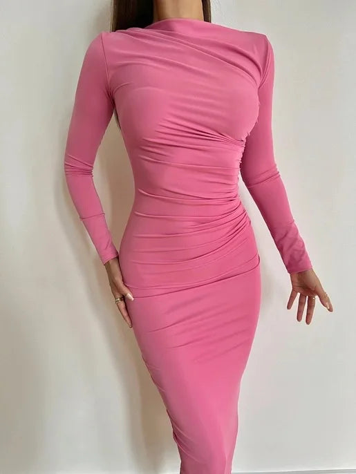 Elegant Slim Fit Slash Neck Long Sleeve Dress - Image 28