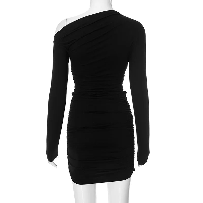 Chic Solid Color Slant Neck Single Shoulder Dress - Image 9