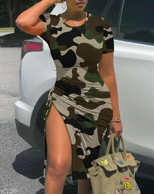 Summer Camouflage Print High Slit Midi Dress - Image 4