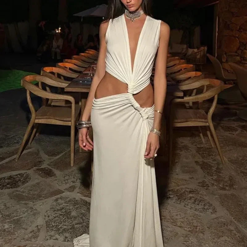 Elegant Hollow Out V-Neck Off-Shoulder Evening Dress - Image 11