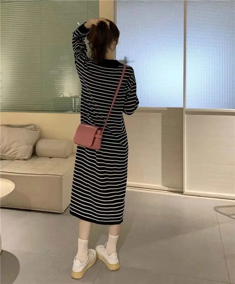 Women's Black Striped Polo Collar Midi Dress - Casual & Flattering - Image 16