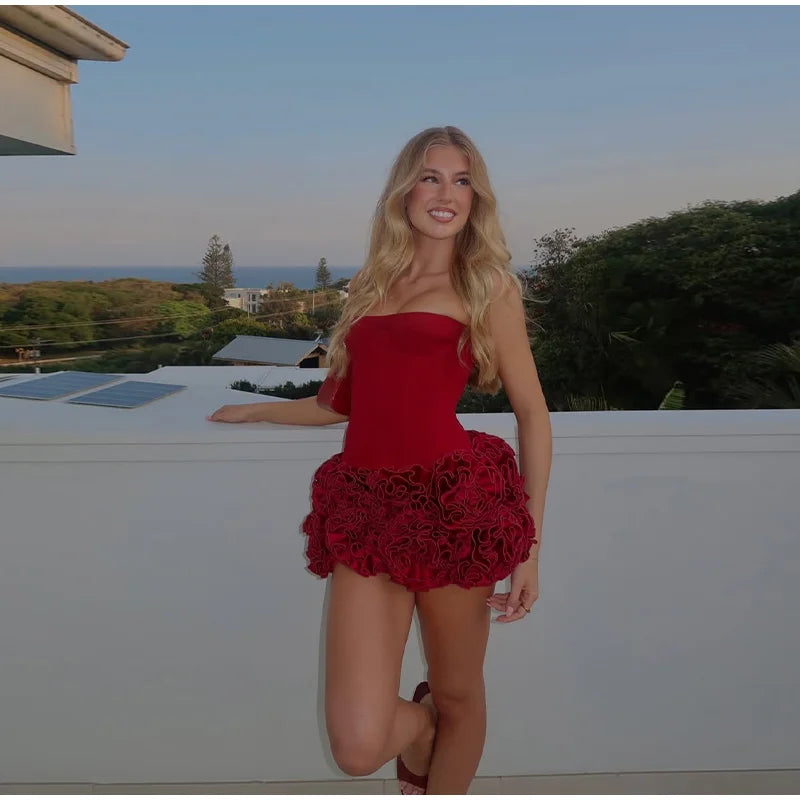 Red Sexy 3D Floral Mini Dress with Adjustable Tube Top - Image 12