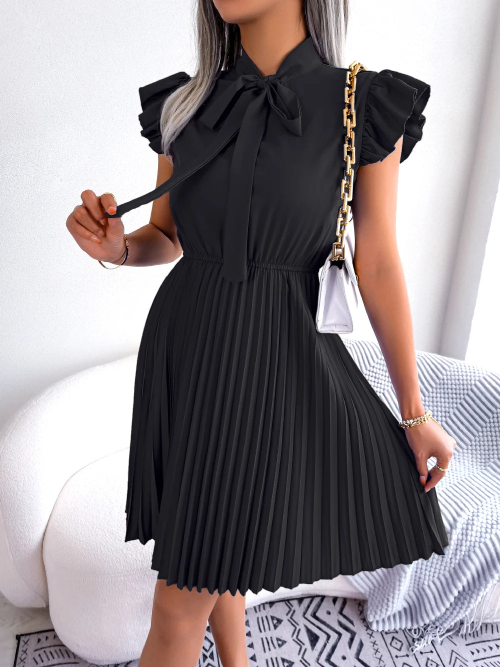 Elegant Summer Pleated Dress with Bow and Ruffles for Women - Image 15
