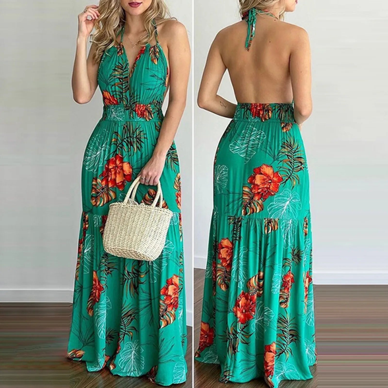 Bohemian Floral Backless Summer Beach Sundress for Women
