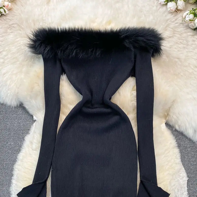 Trendy One-Shoulder Knit Dress with Hairy Collar - Image 26