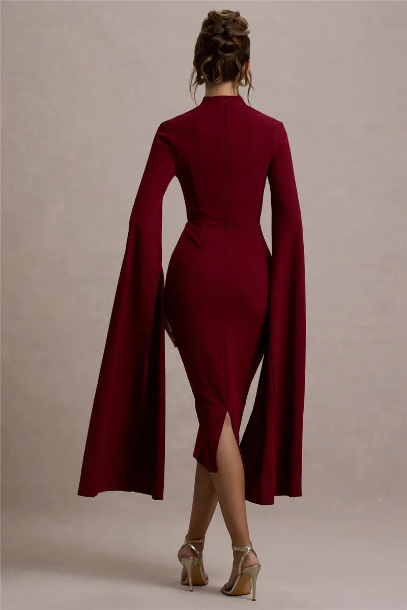 Long Sleeve Bodycon Midi Dress with Square Collar - Image 15