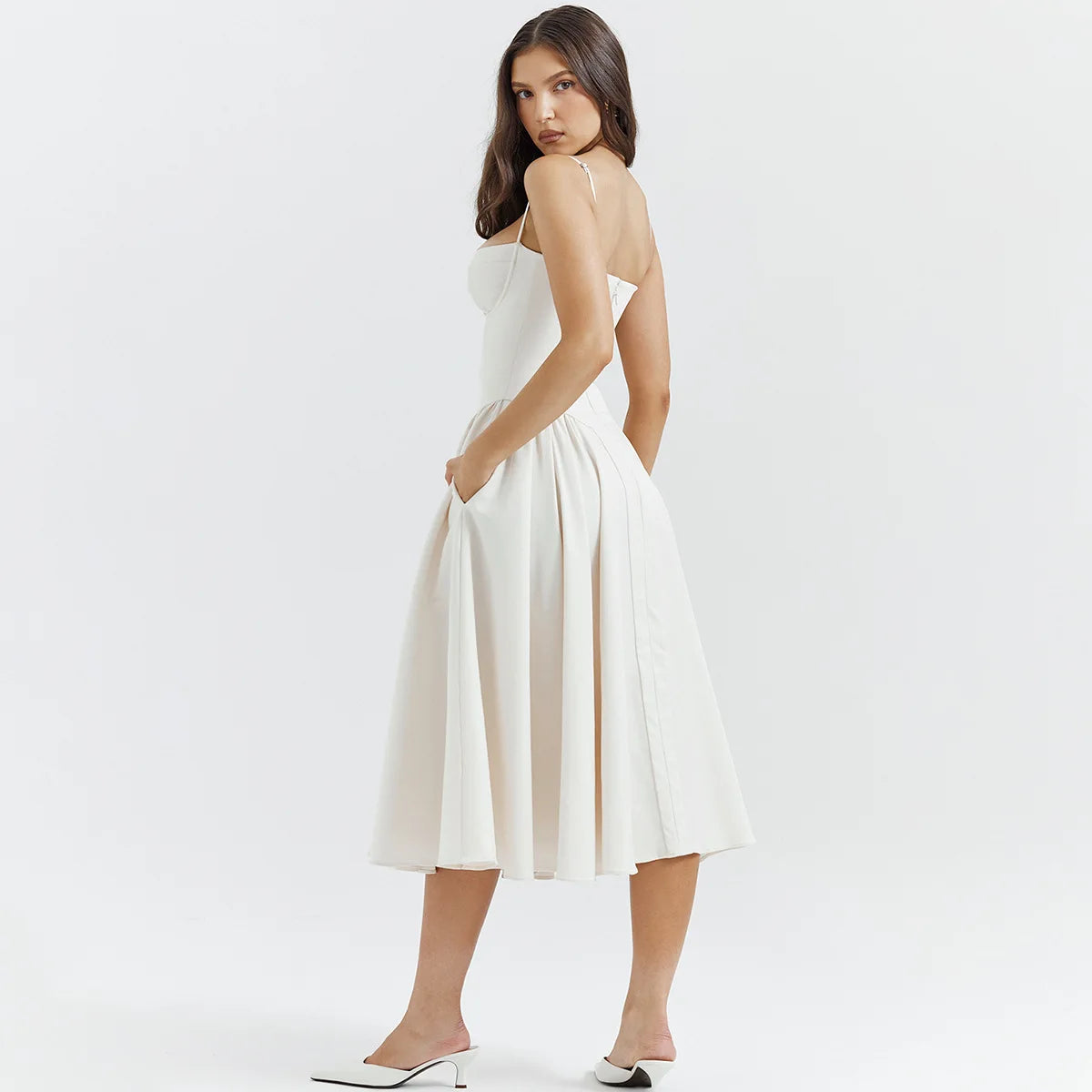 Elegant Sleeveless Midi Dress with Frill Hem & Corset - Image 86