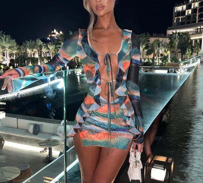 Women's Tie-Dye Mini Dress with Long Sleeves and Slit - Image 6