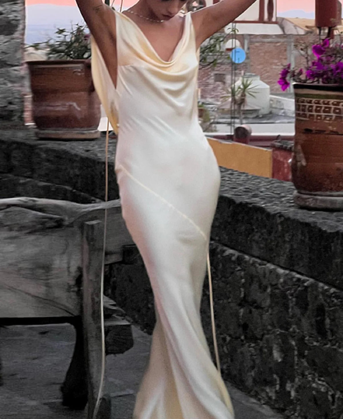 Elegant Satin Lace-Up Backless Off-Shoulder Party Dress - Image 5