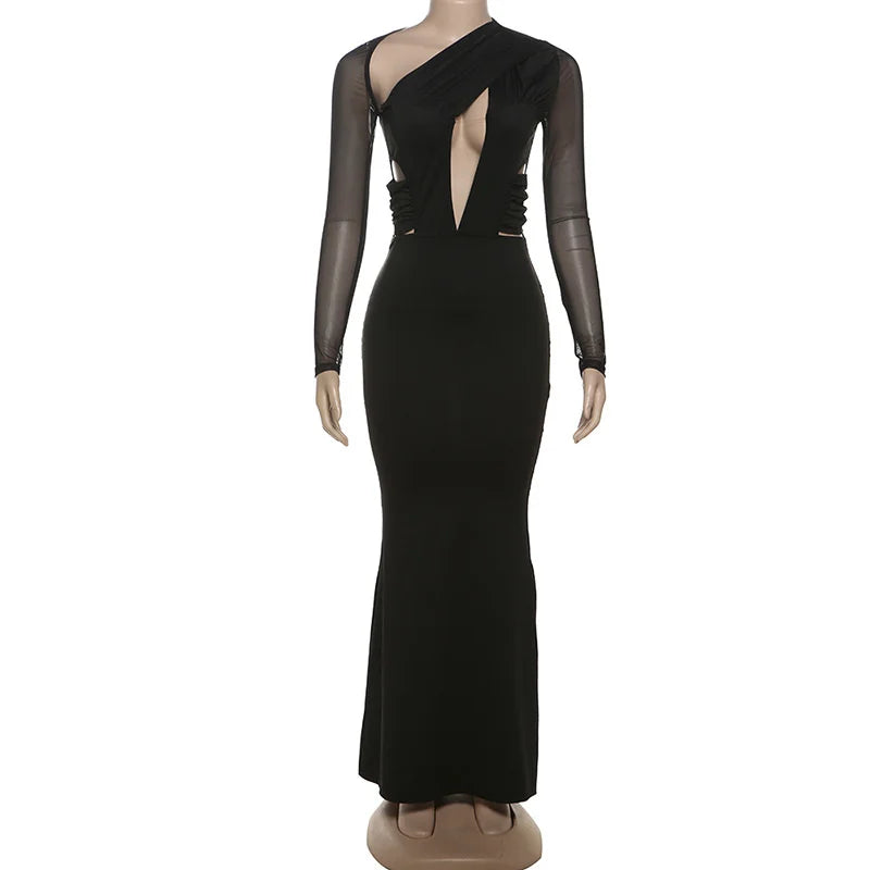 High Waist Skew Collar Mesh Maxi Dress for Parties - Image 7