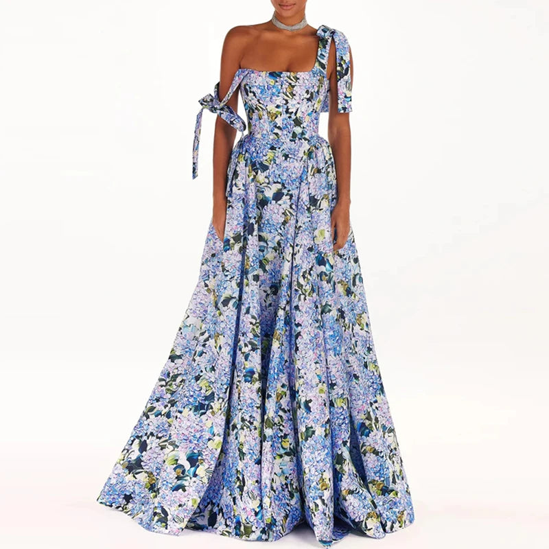 Floral Print Maxi Dress with Square Collar and Lace-up Detail - Image 2