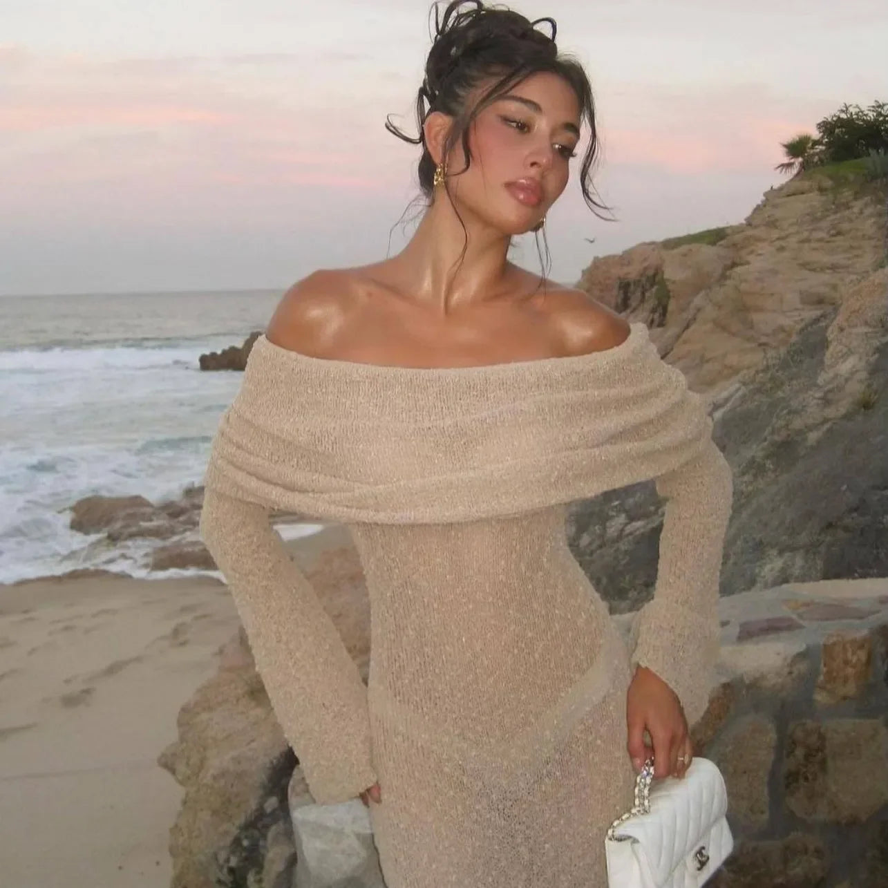 Elegant Off-Shoulder Hollow-Out Knitted Dress for Women - Image 6