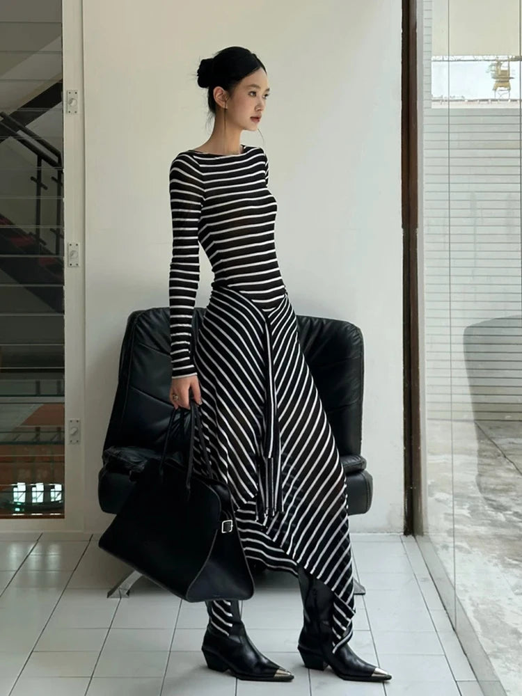 Premium Striped Long-Sleeved Women's Irregular Dress for Fall - Image 4
