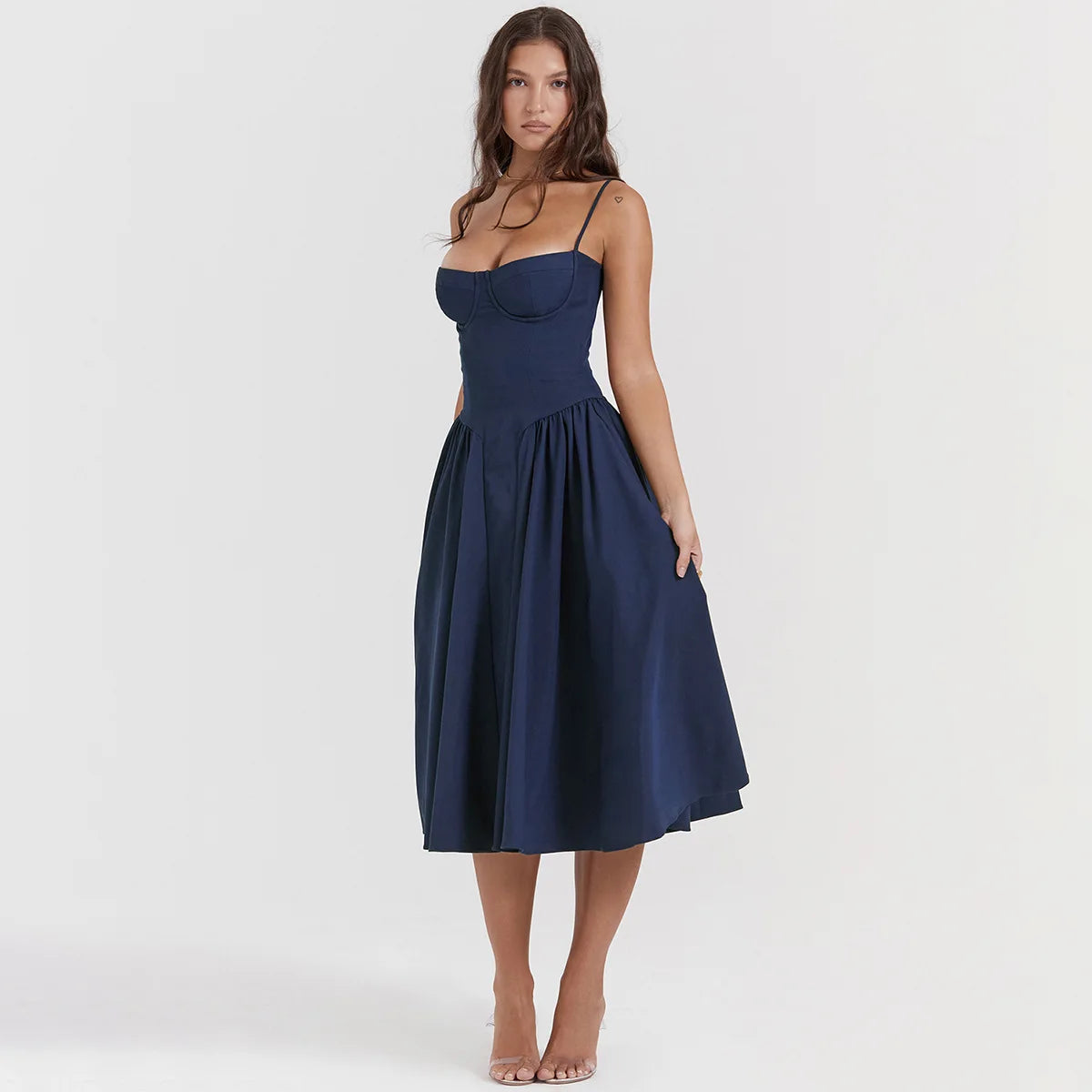 Elegant Sleeveless Midi Dress with Frill Hem & Corset - Image 65