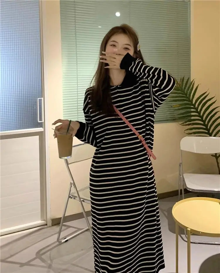 Women's Black Striped Polo Collar Midi Dress - Casual & Flattering - Image 22