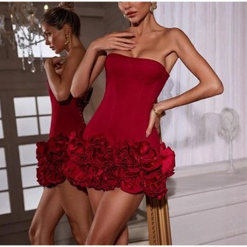 Red Sexy 3D Floral Mini Dress with Adjustable Tube Top - Image 9