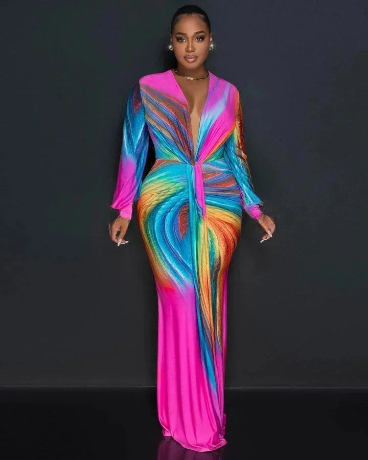 Chic V-Neck Long Sleeve Gradient Maxi Dress - Image 4