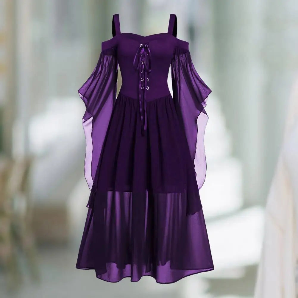 Gothic Medieval Cold Shoulder Lace-Up Cosplay Dress - Image 3
