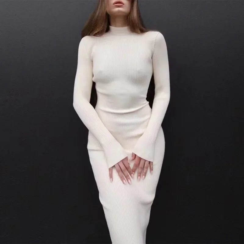 Elegant Autumn Long Sleeve Knitted Turtleneck Midi Dress - Image 15