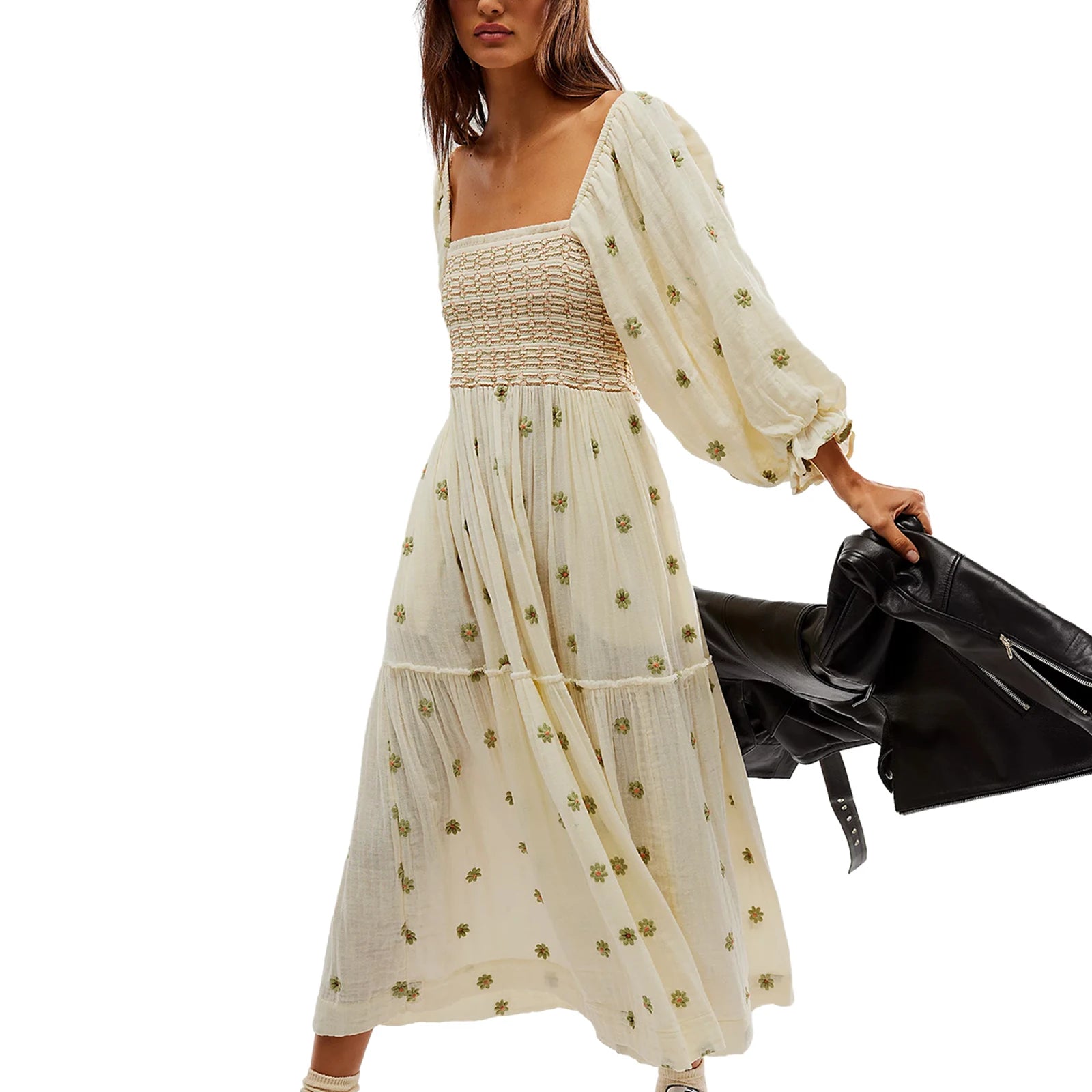 Bohemian Flower Embroidered Tiered Long Dress for Summer - Image 26