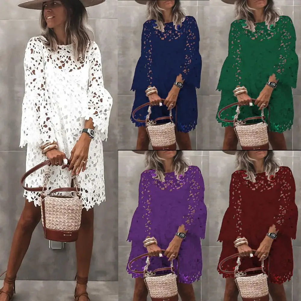 Elegant Long Sleeve Lace Dress with Floral Hollow Details - Image 10